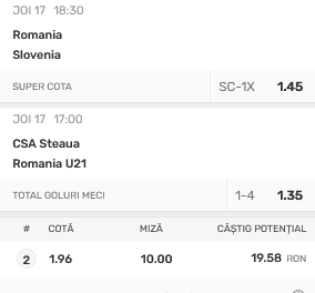 Cota 2 de joi 17 noiembrie 2022 cu amicalul România - Slovenia și CSA - U21